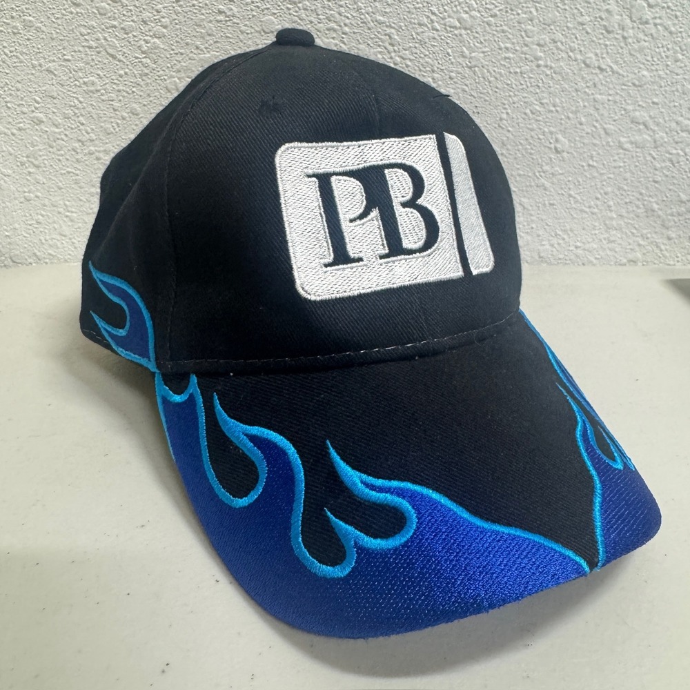 Y2K PB‎ Hat Men's OSFM Blue Flames Fire Ready Embroidered Skater Black
